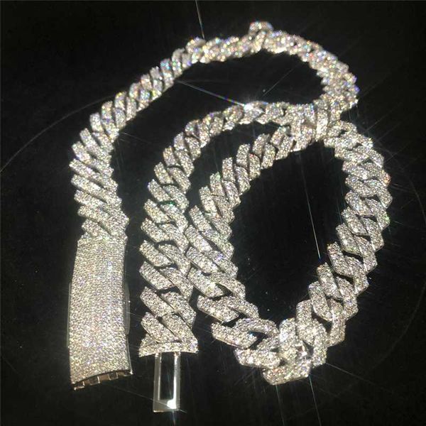 

designer jewelry ice out hip hop 15mm 2 rows miami cuban link chain long clasp vvs moissanite cuban links bust down 925 silver cuban necklac