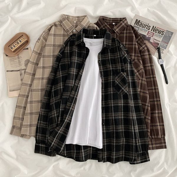 

men's sweaters vintage plaid shirt autumn long sleeve oversize button up shirt korean fashion casual fall outwear blusas mujer 2023 23, White;black