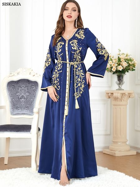 

ethnic clothing elegant casual floral embroidery beaded long sleeve muslim dresses party belted kaftan modest women ramadan 230227, Red