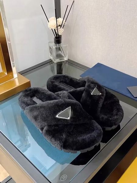 

2023 sheepskin fur slippers women femme slippers fur flat slipper cute girls flat prd slip on fashion, Black