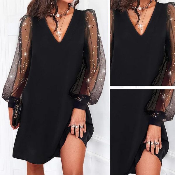 

casual dresses long sleeve v-neck dress sequin mesh sleeves fashion dress, Black;gray