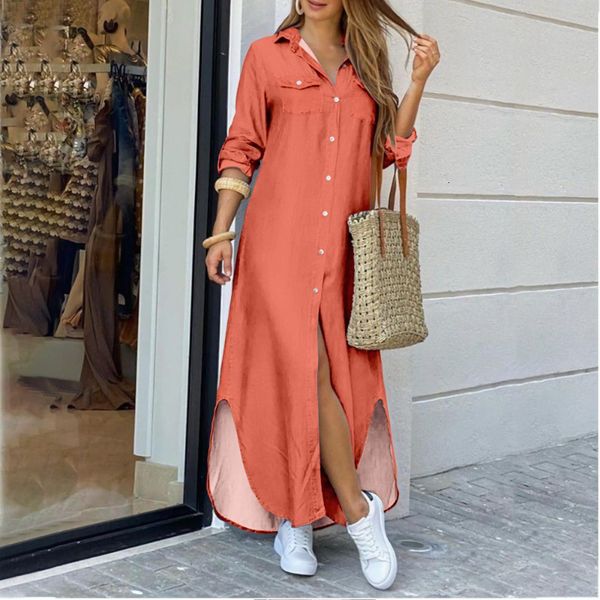 

casual dresses long shirt dress autumn women sleeve maxi laides turndown collar office loose sundress robe ue 230227, Black;gray