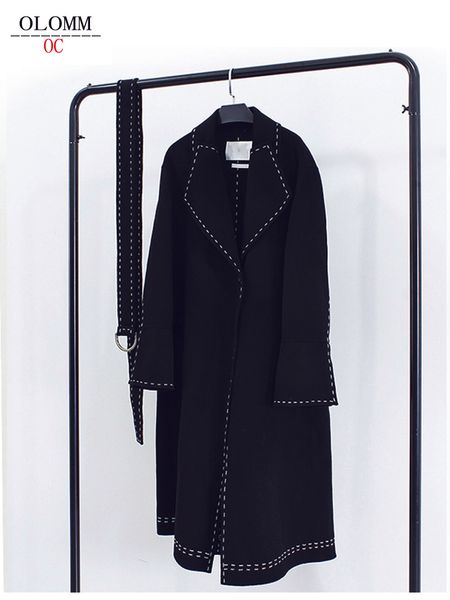 

women's wool blends olomm winter simple style handsewn long coat doublesided personalized custom made 230227, Black