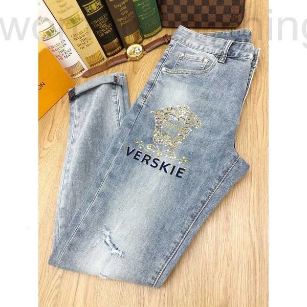 

men's jeans designer drill jeans for young men with holes elastic slim fit small feet summer thin new fashion pants c465, Blue