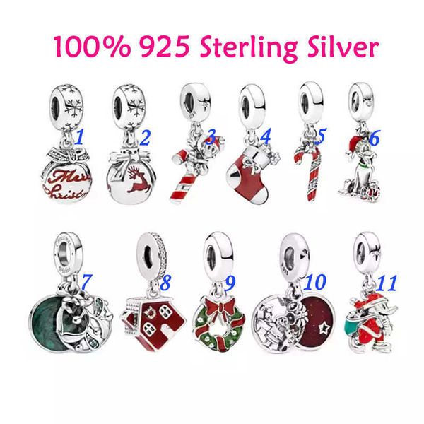 

charm bracelets 925 sterling silver original santa claus wreath cane fawn bell christmas stocking pendant bracelet charms l230227, Golden;silver