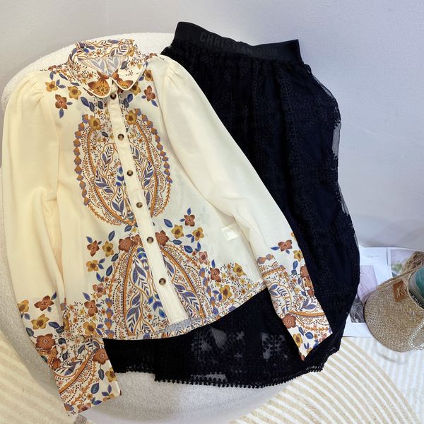 

women's shirt white lapel long-sleeved exquisite printed shirt