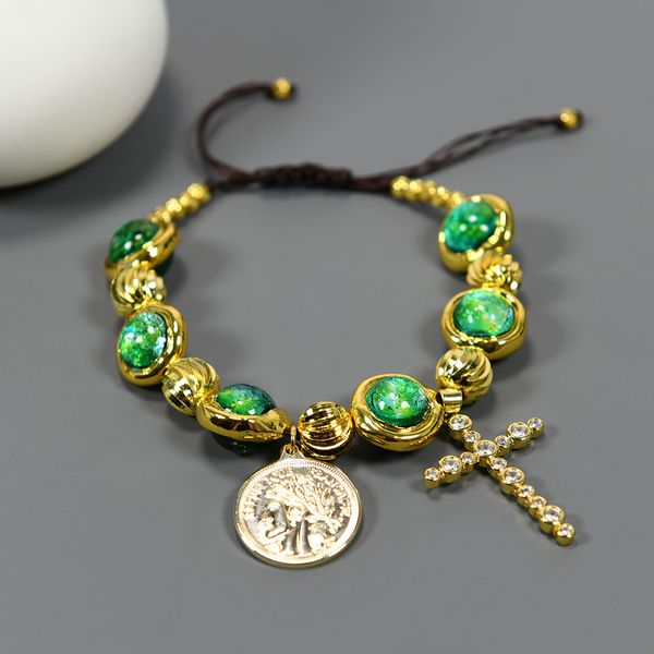 

green murano glass understanding chakras bracelet gold plated edge cross crucifix om coin charms adjustable handmade lady jewelry gift, Black
