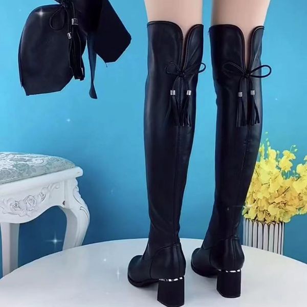

boots winter warm women fashion butterflyknot design black high heels stretch slimming plus velvet botas mujer invierno 2023 230227