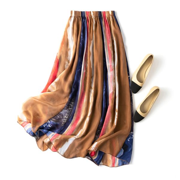 

skirt silk 100 mulberry striped art colorful printed long type with lining summer beach big hem 8250 230225, Black