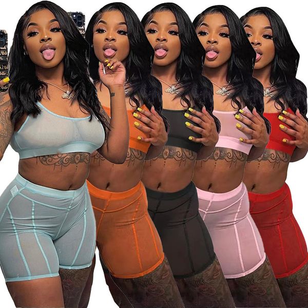 

2023 designer summer tracksuits women mesh outfits two 2 piece set tank crop and shorts sweatsuits sportswear see through clothes wholesale, Gray