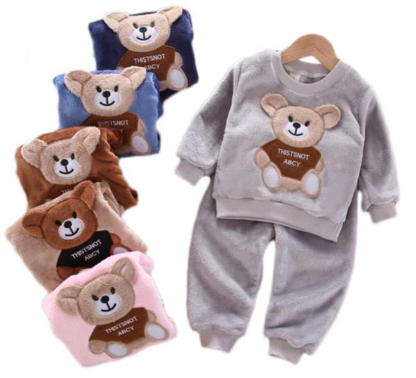 

pajamas autumn winter baby boy girl clothes pajamas set flannel fleece toddler child warm catoon bear sleepwear kids home suit 230227, Blue;red