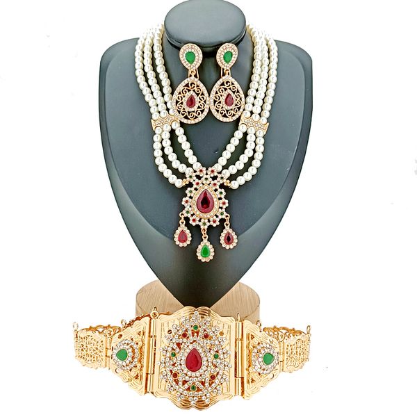 

waist chain belts arabian wedding jewelry set fashion green crystal pendant moroccan metal belt imitation pearl earrings necklace for women