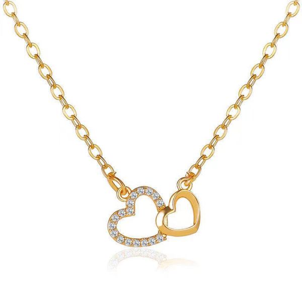 

double love necklace famous designer fashion design women's high sense clavicle chain temperament heart to heart with diamond pendant, Silver
