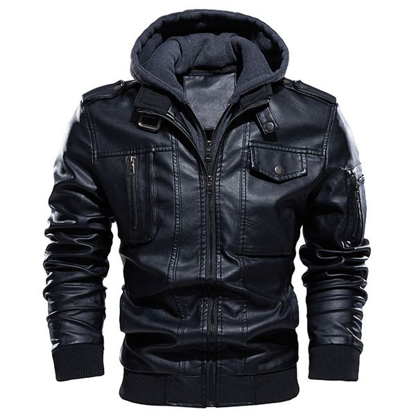 

men's leather faux leather motorcycle jacket men casual pu leather jackets man winter thick warm vintage hooded collar club bomber leat, Black
