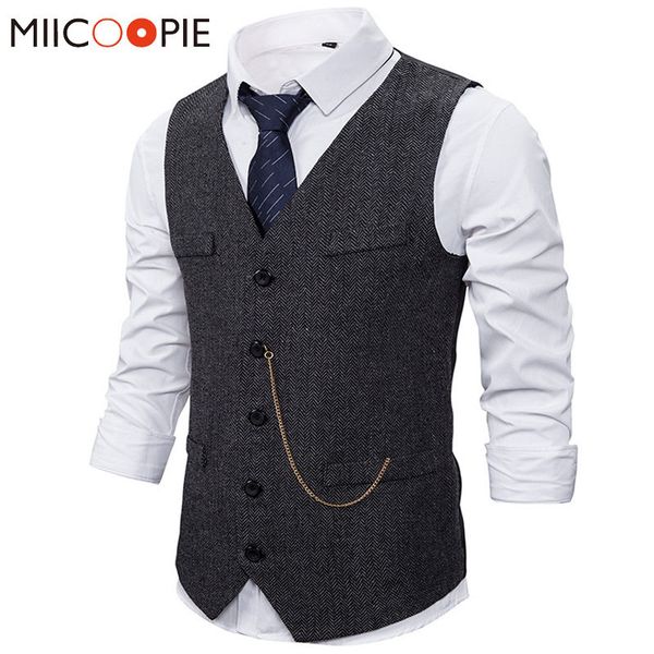 

men's vests formal mens suit vest casual chain solid color business tweed vest gilet homme costume waistcoat for wedding groomsmen 2302, Black;white