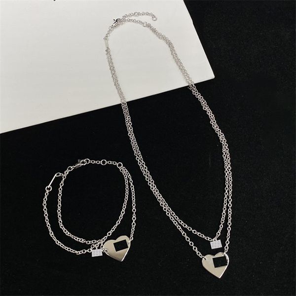 

lady double chain fashion necklaces heart love solitaire pendant necklaces inner hollow matach bracelet for women, Silver