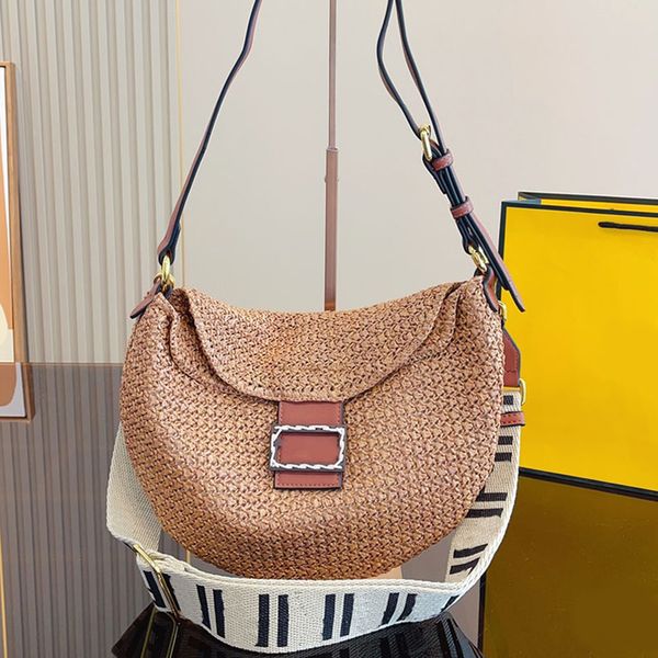 

croissant hobo bag woven straw handbag half moon shape shoulder bags genuine leather fashion metal buckle adjustable removable wide strap ha