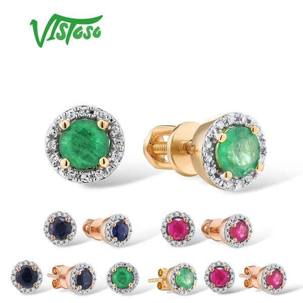 

stud vistoso gold earrings for women genuine 14k 585 yellow rose round 4mm emerald blue sapphire ruby fine jewelry 230225, Golden;silver