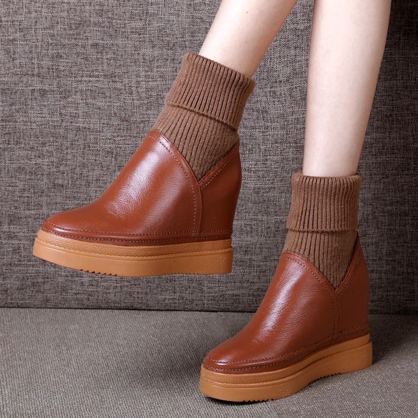 

boots women fashion wedges mid calf genuine cow leather shoes autumn winter thick high heels platform ladies female boot e0098 230227, Black