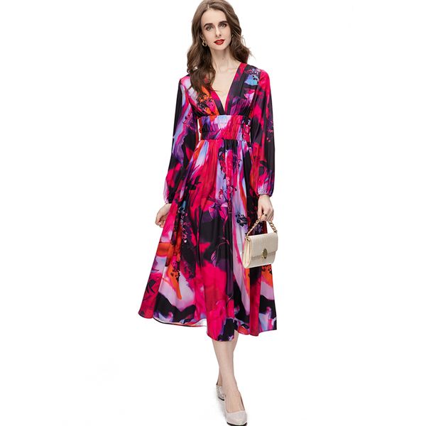 

women's runway dresses v neck long sleeves printed high street fashion designer vestidos, Black