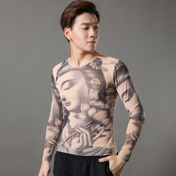 

men's long sleeve shirts fake tattoo print shirt elastic slim fit modal thin quick dry tattoo clothing, White;black
