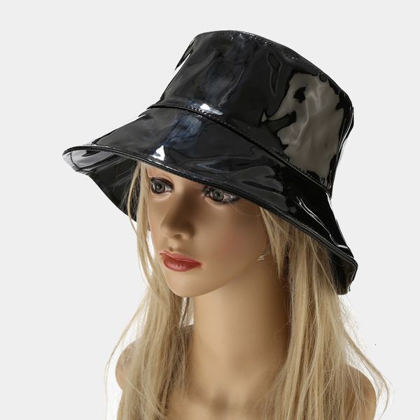 

wide brim hats bucket hats women man bucket hat wide brimmed fisherman hat pvc couple cap fashion patent leather basin cap waterproof sun ha, Blue;gray