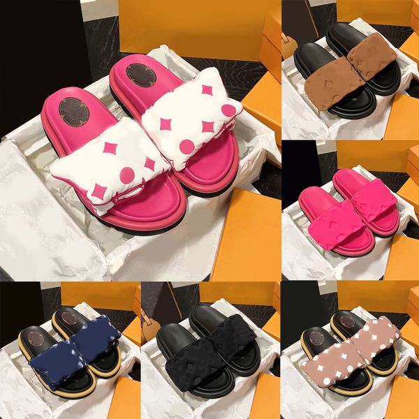 

slippers pool designer pillow lvs comfort embossed mules sandals men women beach shoes triple black pink deep blue luxury fashion slides