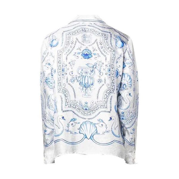 

casablanca hawaii beach shirt men and women swan texture white cuban collar hawaiian long-sleeved shirt, White;black