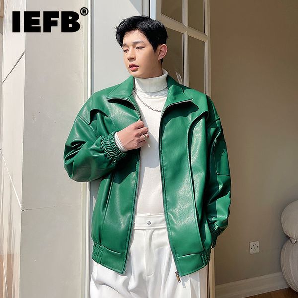 

men's leather faux leather iefb men's streetwear short coat autumn loose pu leather green jacket korean trend zipped oversized coa, Black