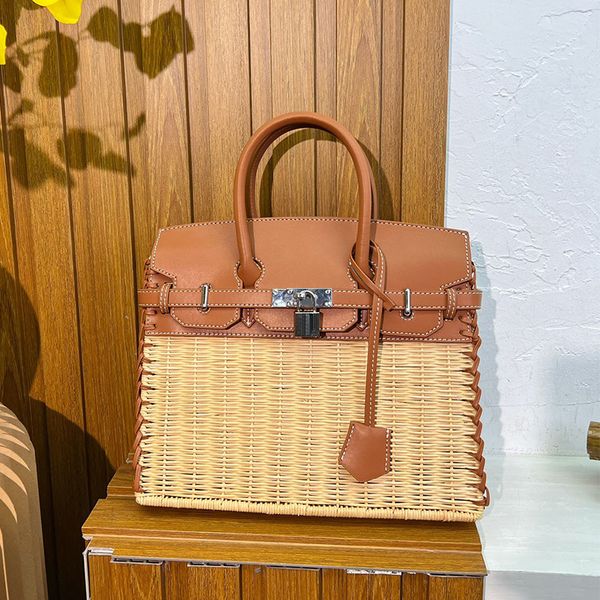 

straw tote handbag weave crossbody bags women handbags purse silver lock catch genuine leather handle bottom nail clutch bag
