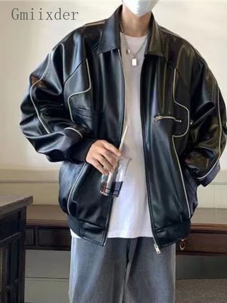 

men's leather faux leather gmiixder leather jacket trend hong kong style original personality handsome locomotives leather jacket men w, Black
