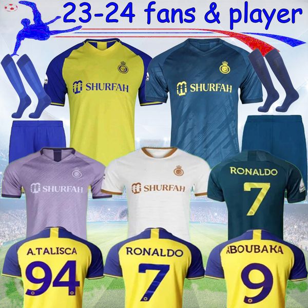 

22 23 al nassr fc soccer jerseys ronaldo 2022 2023 home cr7 gonzalo martinez talisca ghislain vincent aboubakar men kids kit football shiirt, Black;yellow