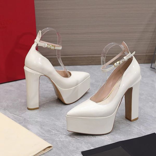 

pointed dress shoes high heels patent leather platform heels 15.5cm thick soles women luxury designer sandals fashion comfort ankle strap fa, Black
