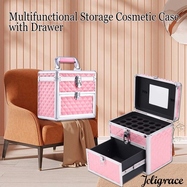 

cosmetic organizer storage bags portable makeup box alloy make up train case manicure polish organzier beauty suitcase with mirror drawer fo