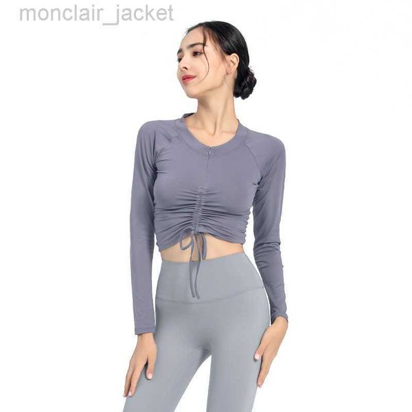 

designer women's half-zip sports long-sleeved women's tight-fitting drawstring yoga suit t-shirt autumn and winter running fitness, Black;white