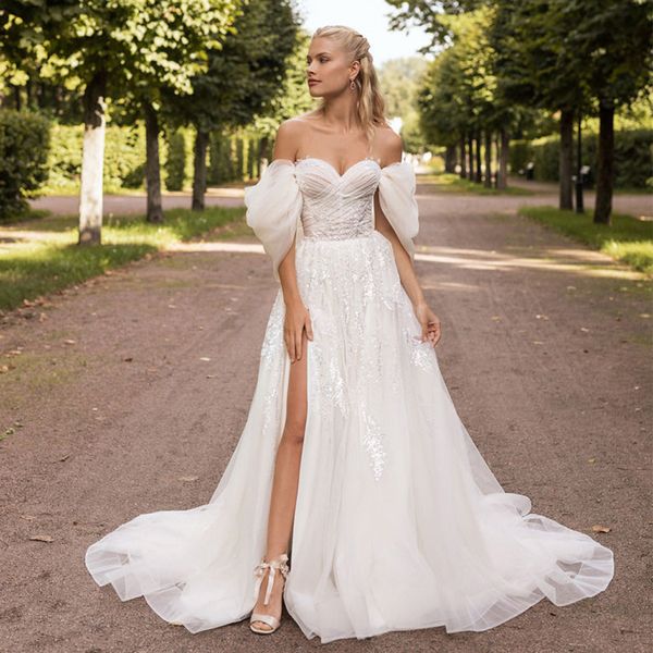 

2023 sweetheart wedding dress tulle lace appliques gillter tulle off the shoulder a-line side slit bridal gowns sweep train vestidos de noiv, White