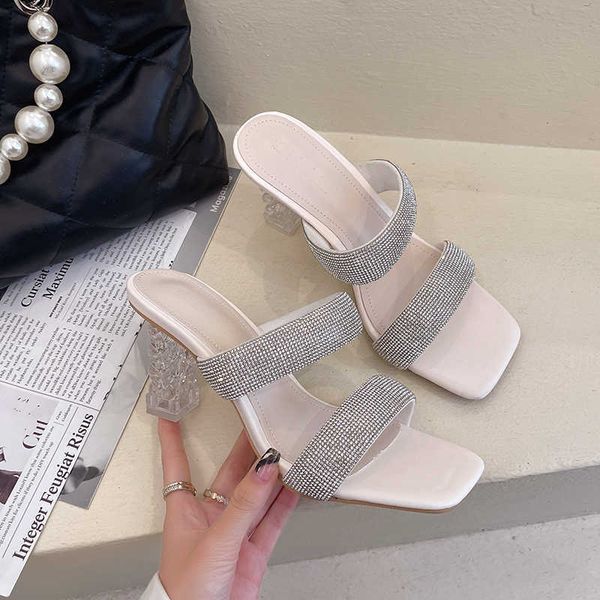 

slippers transparent thick heel crystal women 2022 summer new korean open toe rhinestone dress casual high heels y2302, Black