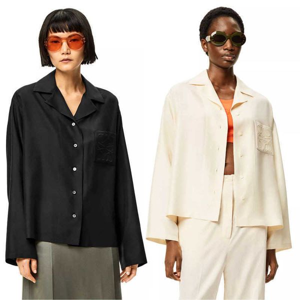 

the new pocket embroidered high imitation silk loose super versatile long-sleeved lapel shirt, White