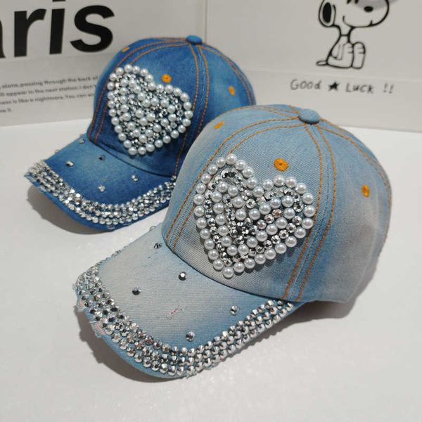 

ball caps baseball cap summer hats for women snapback kpop denim washed hat rhinestone pearl crystal peaked cap outdoor visors beach hat l23, Blue;gray