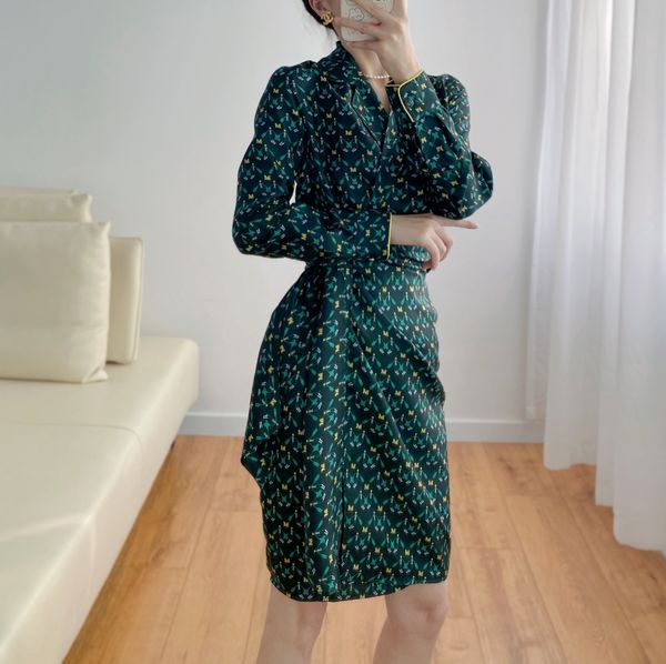 

womens dress green silk lapel neck long sleeved floral print wrapping midi dress, Black;gray