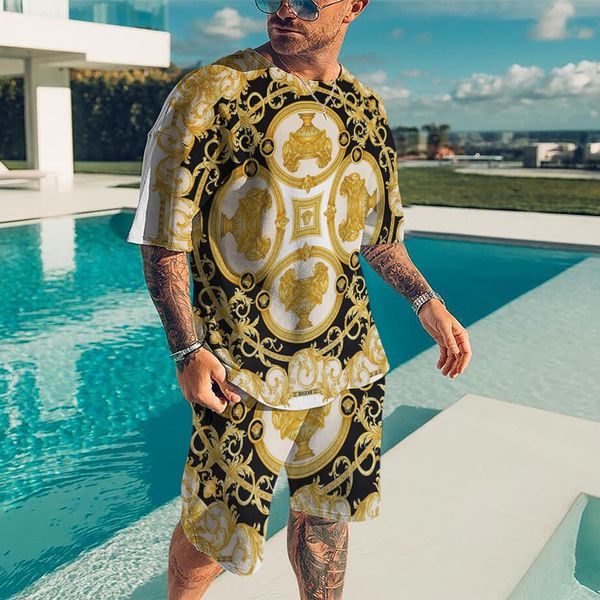 

mens tracksuits summer tracksuit luxurious tshirtshorts set casual gold print outfits vintage jogging suit oversized clothing streetwear 230, Gray
