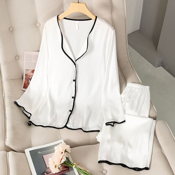 

womens sleepwear pajamas women spring summer thin ice silk satin loungewear trouser suits solid white black edge long sleeve home wear 23022, Black;red