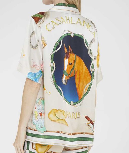 

casablanca hawaii beach shirt men and women racecourse jewelry same white twill silk short sleeve shirt, White;black