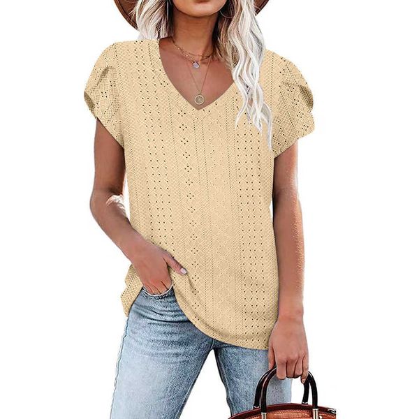 

2023 summer woman solid v neck short sleeve loose short sleeve t-shirt women women's knitwear 0jh7, White