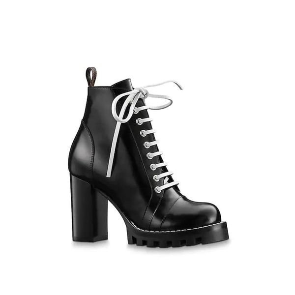 

2020 designer women boots star trail leather ankle boots fashion luxury high chunky heels printed canvas leather rubber outsole ma246i, Black