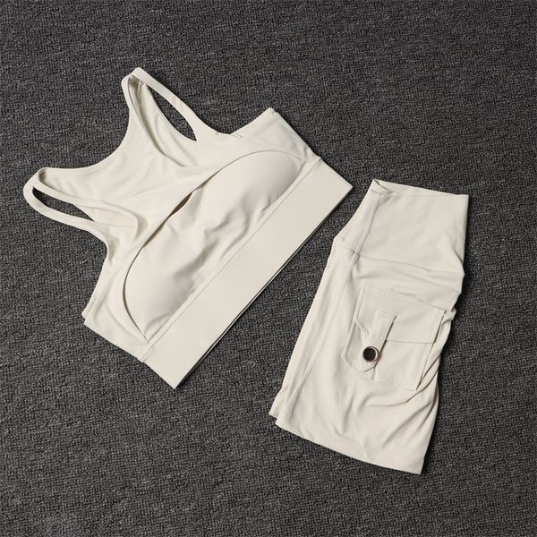 

womens two piece pants womens tracksuit shorts yoga set with pocket high waist sportswear bra fitness workout leggings cycling gym shorts sp, White