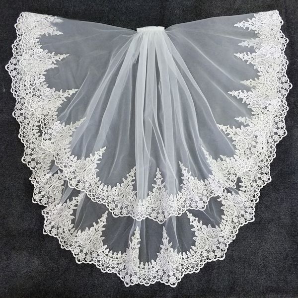 

wedding hair jewelry 2 layers veils with comb short bridal veil 75 cm elbow length applique lace edge 230225, Slivery;golden
