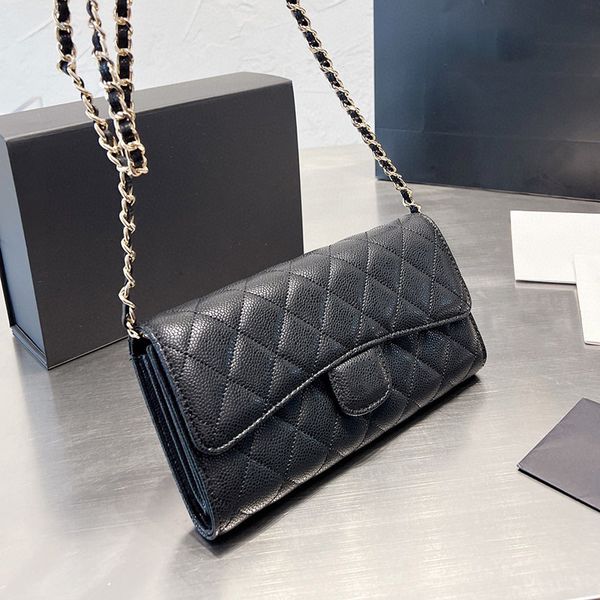 

womens designer long wallet purse with gold metal chain crossbody shoulder purse caviar leather calfskin genuine leather card holder multi p, Red;black