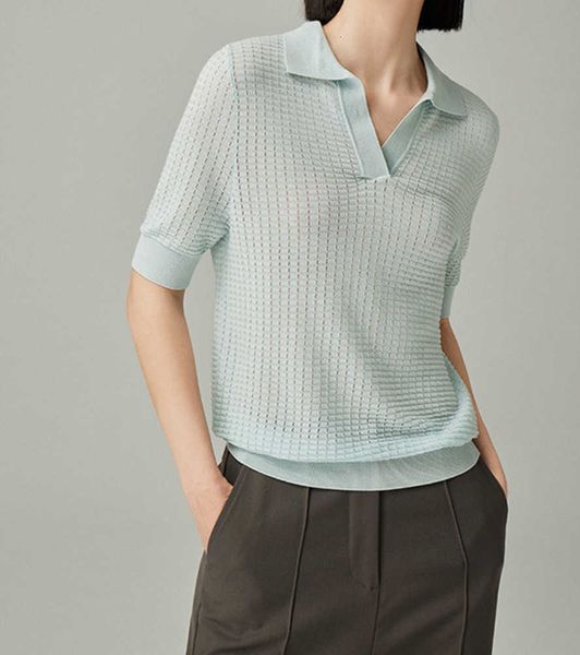 

t-shirt austrian jin koulan jingtian soft and skin-friendly mulberry silk hollow-out polo neck short-sleeved knitted for women, White