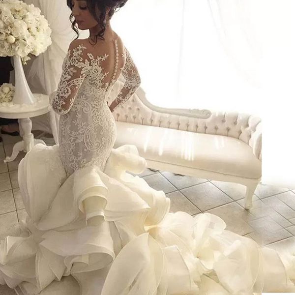 

lace treis mermaid wedding dresses modern cascading ruffles train wedding gown chinese mermaid bridal dresses long sleeve, White